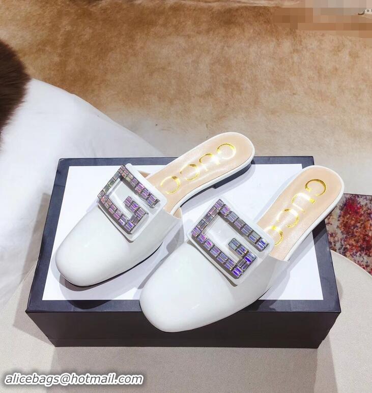 Chic Cheap Gucci Crystal G Slipper Patent G21807 White 2019