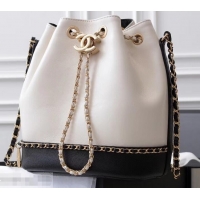 Charming Chanel Lambskin/Grained Calfskin Chain Around Drawstring Bucket Bag AS0373 Creamy/Black 2019 