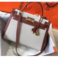 Duplicate Hermes Kelly 28CM Bag In swift leather/canvas brown With Gold Hardware H42624