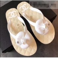 Top Design Chanel CC Logo Camellia Thong Sandals G42331 White 2019