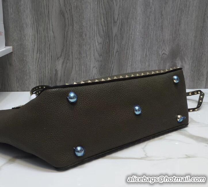 Good Quality Valentino Grained Leather Rockstud Medium Tote Bag 0973 Olive Green