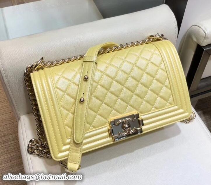 Good Quality Chanel Iridescent Pearl Caviar Boy Medium Flap Bag AS03244 Yellow 2019