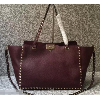 Unique Style Valentino Grained Leather Rockstud Medium Tote Bag 0973 Burgundy