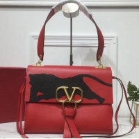 Best Quality Valentino Smooth Calfskin Medium VRing Shoulder Bag Panther 720049 Red