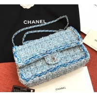 Refined Chanel Tweed Braided Classic Flap Medium Bag AS0668 Light Blue