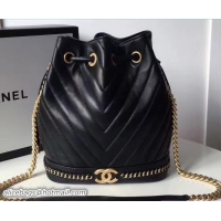 Charming Chanel Chevron Lambskin Chain Drawstring Bag A91885 Black