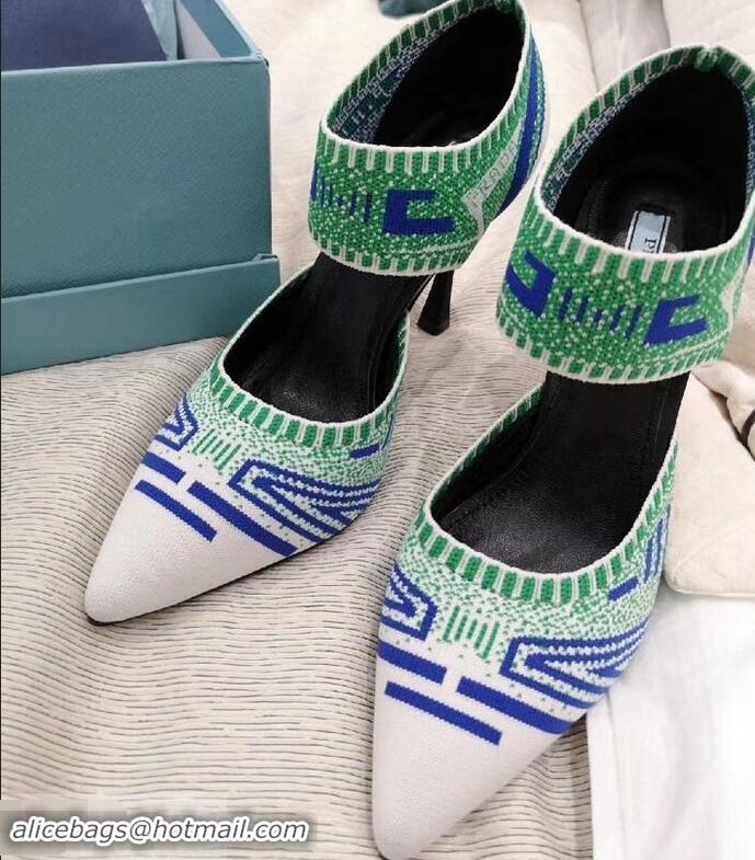 Faux Prada Heel 8.5cm Geometric Pattern Jacquard Knit Fabric Pumps P94822 White/Green 2019