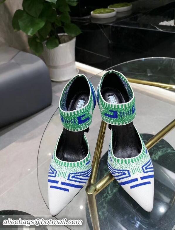 Faux Prada Heel 8.5cm Geometric Pattern Jacquard Knit Fabric Pumps P94822 White/Green 2019