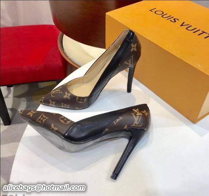 Imitation Louis Vuitton Heel 10cm Cherie Pumps Leather/Monogram Canvas LV82915 Black 2019