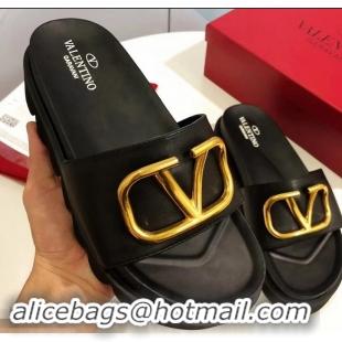 Discount Valentino Heel 6cm Slide Sandals VT96313 Black With VLogo Detail 2019