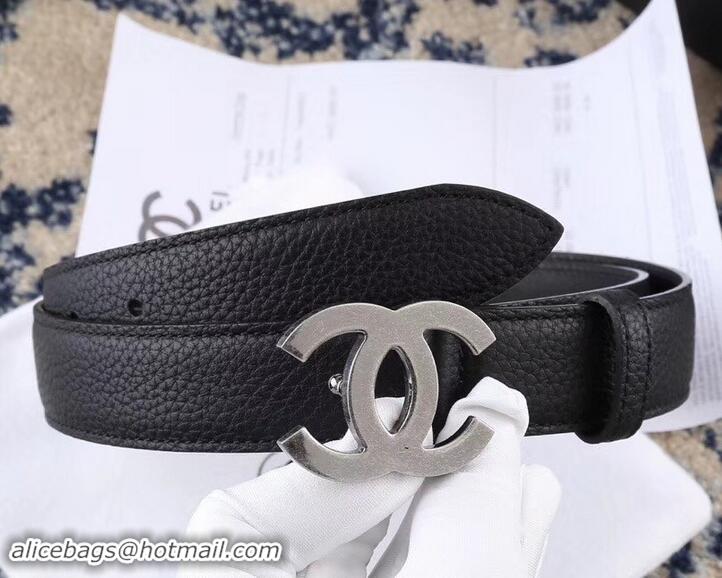 AAAAA Chanel Width 3cm Leather Belt Black with Silver CC Logo 550188