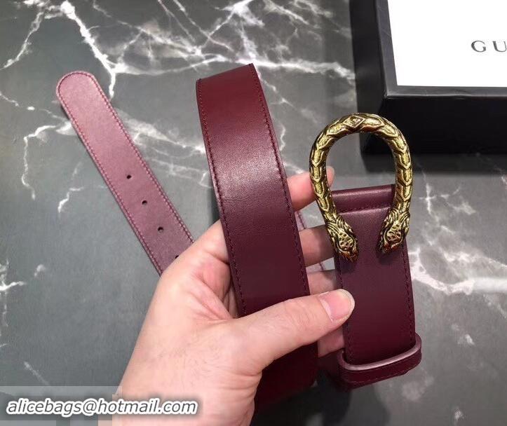 Luxury Gucci Width 3.5cm Leather Belt Burgundy with Dionysus Buckle 458954