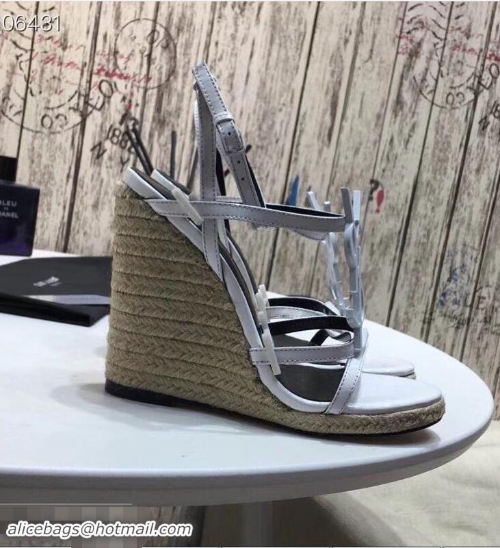 Imitation Saint Laurent Heel 10.5cm Cassandra Wedge Espadrilles Sandals Y93630 White With YSL Logo 2019