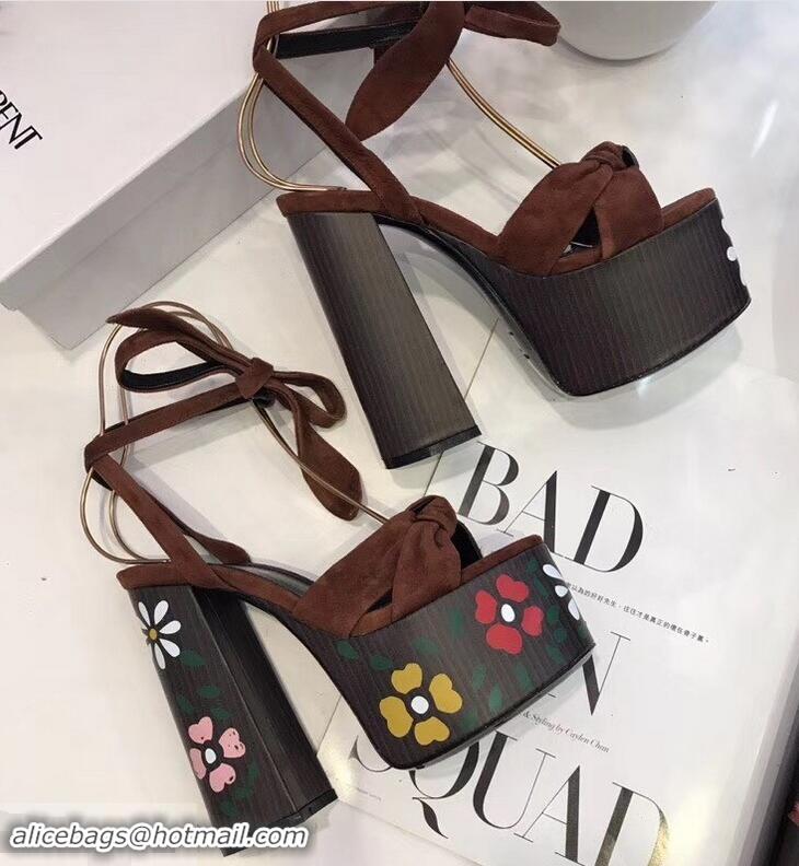 Buy Faux Saint Laurent Paige Platform Sandals Y96308 Suede Tan/Painted Floral 2019