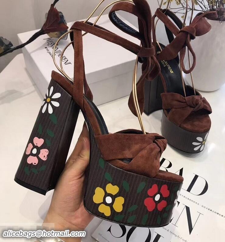 Buy Faux Saint Laurent Paige Platform Sandals Y96308 Suede Tan/Painted Floral 2019