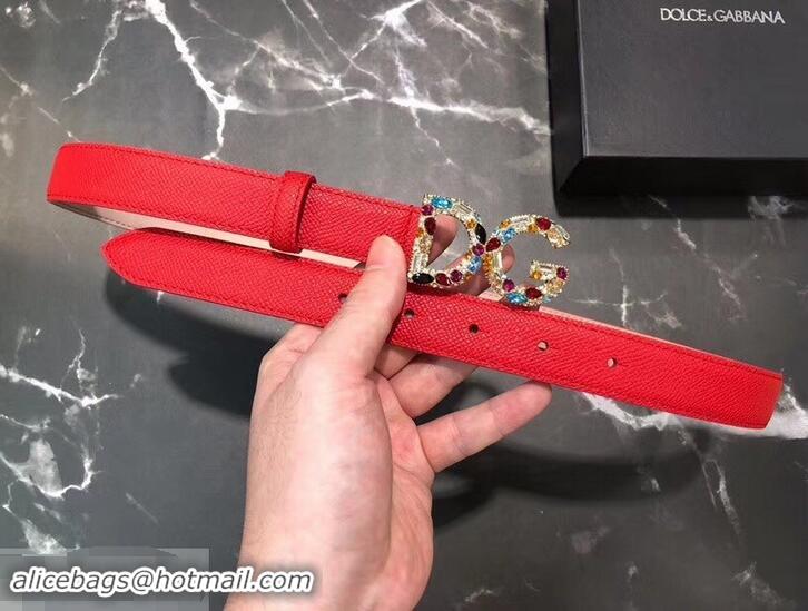 Famous Dolce & Gabbana Width 2.5cm Dauphine Calfskin Belt Red with Gold Crystals Logo 602348