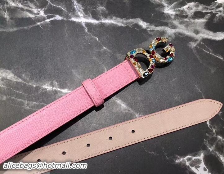 Shop Cheap Dolce & Gabbana Width 2.5cm Dauphine Calfskin Belt Pink with Gold Crystals Logo 602350