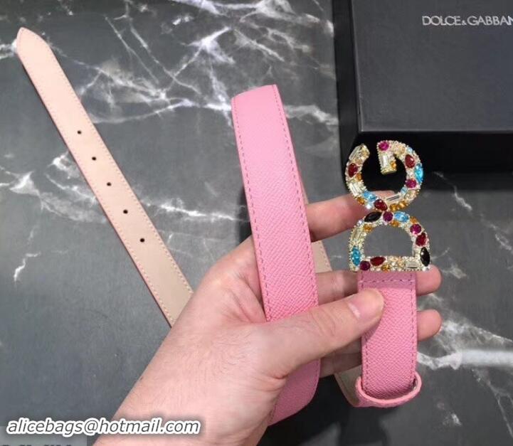 Shop Cheap Dolce & Gabbana Width 2.5cm Dauphine Calfskin Belt Pink with Gold Crystals Logo 602350