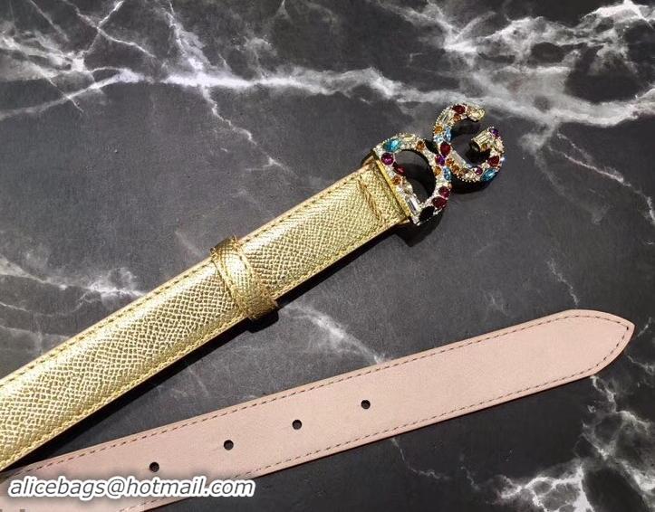 Popular Style Dolce & Gabbana Width 2.5cm Dauphine Calfskin Belt Gold with Gold Crystals Logo 602352