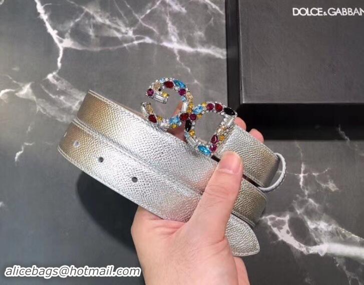 Crafted Dolce & Gabbana Width 2.5cm Dauphine Calfskin Belt Silver with Silver Logo 602355