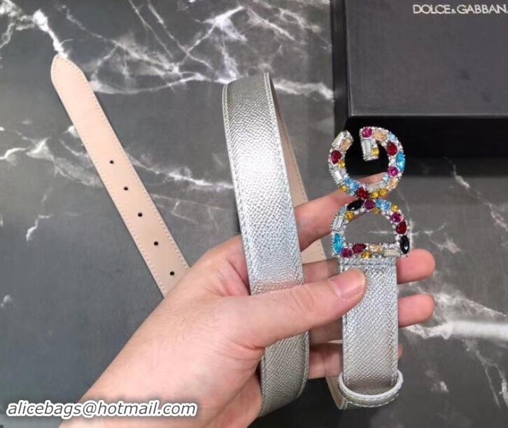 Crafted Dolce & Gabbana Width 2.5cm Dauphine Calfskin Belt Silver with Silver Logo 602355