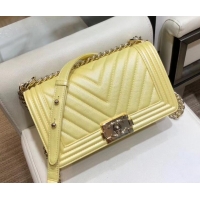 Good Quality Chanel Iridescent Pearl Caviar Chevron Boy Medium Flap Bag AS03248 Yellow 2019