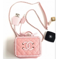 Good Product Chanel Striped Grained CC Filigree Vanity Case Mini Bag A93342 Pink 2019