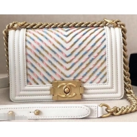 Beautiful New Chanel Embroidered Chevron Boy Small Flap Bag AS600202 White