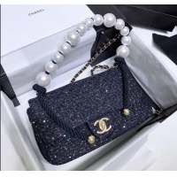 Luxury Chanel Tweed with Imitation Pearls Mini/Medium Flap Bag AS0593/AS0594 Navy Blue 2019