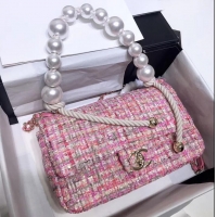 Best Quality Chanel Tweed with Imitation Pearls Mini/Medium Flap Bag AS0593/AS0594 Pink 2019