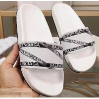 Modern Discount Balenciaga Stripe Logo Piscine Slides Sandals B95705 White