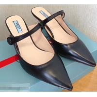 Latest Prada Heel 6cm Strap with Button Mules P96316 Leather Black 2019