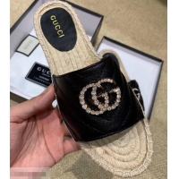 Low Cost Gucci Glitter Espadrilles Slides Sandals G96309 Black With Crystal Double G 2019