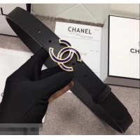Charming Chanel Calf Leather Belt with Blue Buckle 30mm Width 550176 Black