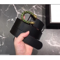 Grade Design Gucci Width 3.5cm Leather Belt Black with Green Crystal Dionysus Buckle 458941