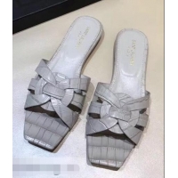 Imitation Saint Laurent Slide Sandal In Crocodile Textured With Intertwining Straps Y83806 Grey