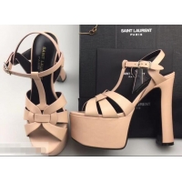 Best Price Saint Laurent Heel 13.5cm Platform 5.5cm Tribute Sandals In Smooth Leather Y96416 Apricot