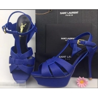 Imitation Saint Laurent Heel 9.5cm Platform 3cm Tribute Sandals In Grained Leather Y96420 Blue