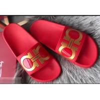 Wholesale Cheap Ferragamo PVC Gancini Slide Sandals F942904 Red/Gold 2019