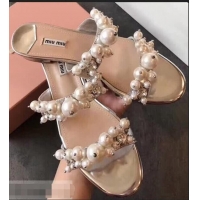 Shop Inexpensive Miu Miu Satin Flat Sandals with Pearls MM8935 Silver