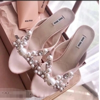 Cheapest Miu Miu Laminated Leather Sandals with Pearls 60mm Heel Y8128 Pink