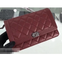 Charming Chanel Grained Leather Boy Wallet On Chain WOC Bag A80287 Burgundy/Silver