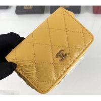 Duplicate Chanel Caviar Leather Classic Zipped Card Holder A69271 Yellow