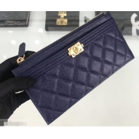 Comfortable Chanel Grained Leather Boy Pouch Clutch Bag A84478 Navy Blue