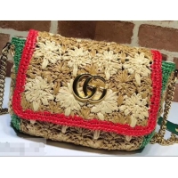Perfect Gucci GG Marmont Raffia With Crochet Flower Small Shoulder Bag 574433 Beige/Green/Red 2019