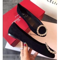 Newest Roger Vivier Suede Crystal Round Buckle Flats R8315 Black 2018