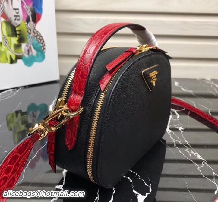 Unique Style Prada Round Odette Saffiano Leather Bag 1BH123 Black/Red 2019