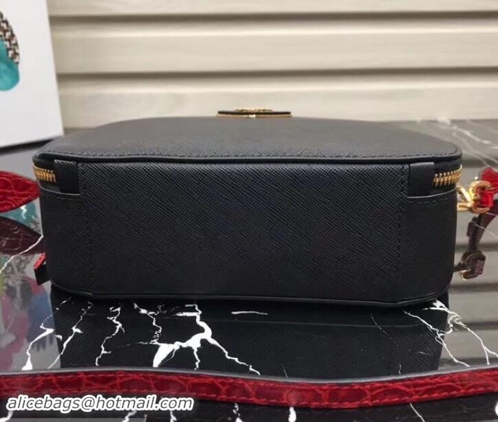 Unique Style Prada Round Odette Saffiano Leather Bag 1BH123 Black/Red 2019