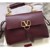 Enough Valentino Medium VRING Grainy Calfskin Chain Shoulder Bag 181695 Burgundy 2019
