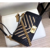 Stylish Chanel Metallic Boy Medium Flap Bag Chevron A945018 Black/Gold